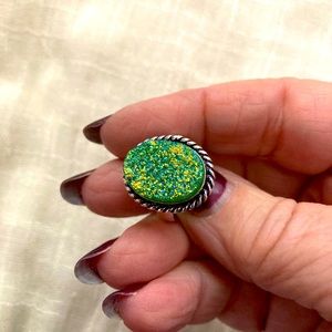 NEW Green Titanium Druzy, 925 Silver Ring, size 7 3/4
